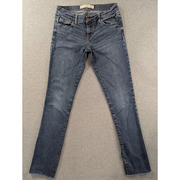 Abercrombie Fitch Jeans Womens SZ 6 Blue Slim Straight Raw Hem Faded Whiskers - Picture 1 of 14